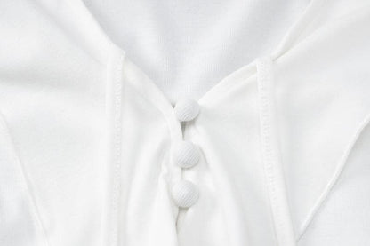 Halter self tie v neck flared sleeve button ruffle crop top