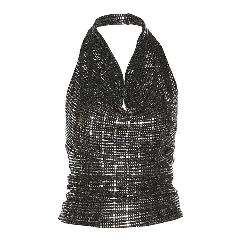 Textured cowl neck halter backless crop top