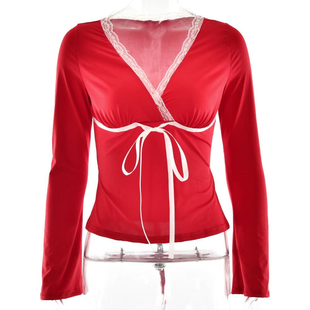 Lace hem long sleeve v neck ribbon ruched top