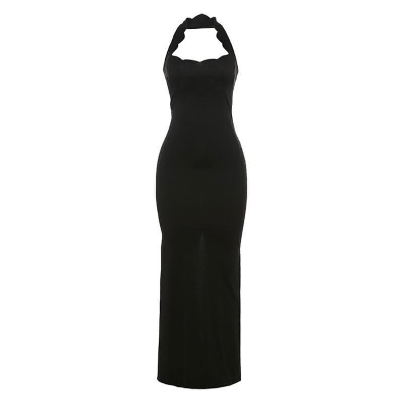 Halter hollow out backless high slit cut out maxi dress-final-sale