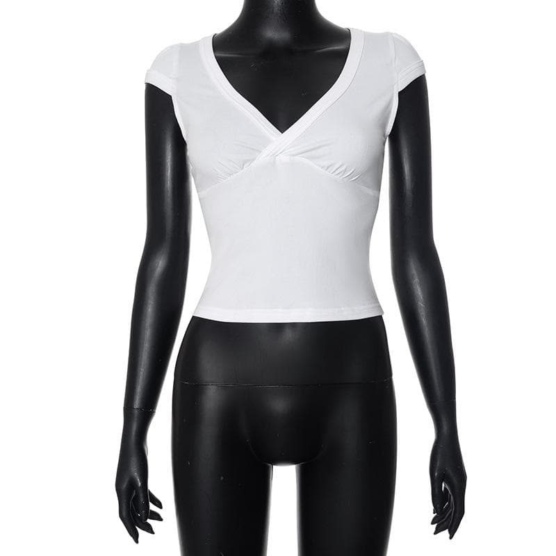 Cap sleeve v neck ruched solid top