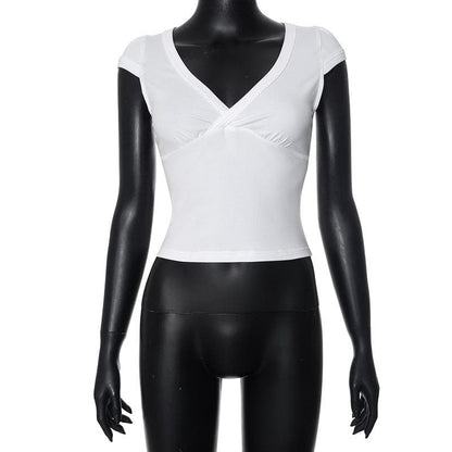 Cap sleeve v neck ruched solid top