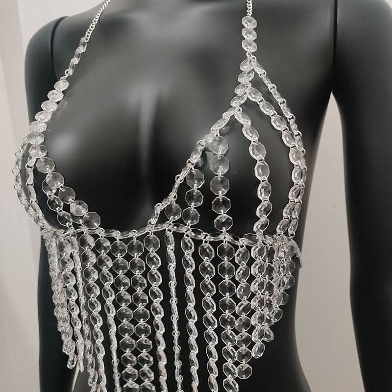 Halter crystal tassels beaded hollow out cut out top