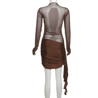 Long sleeve gloves mesh ruched patchwork mini dress