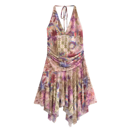 Halter self tie ruched print mesh v neck mini dress
