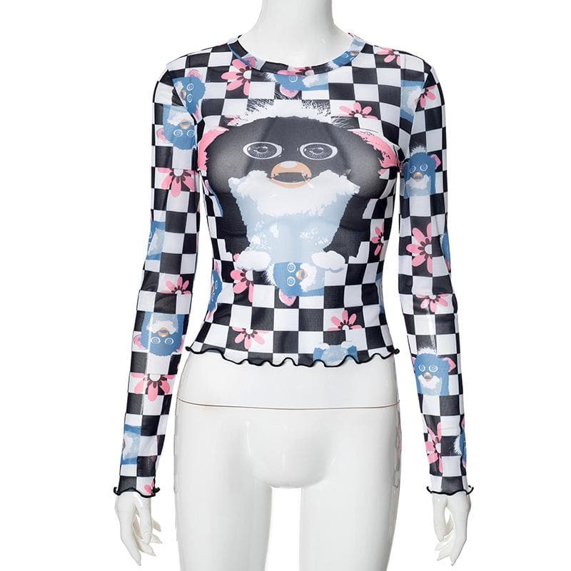 Long sleeve plaid print sheer mesh top