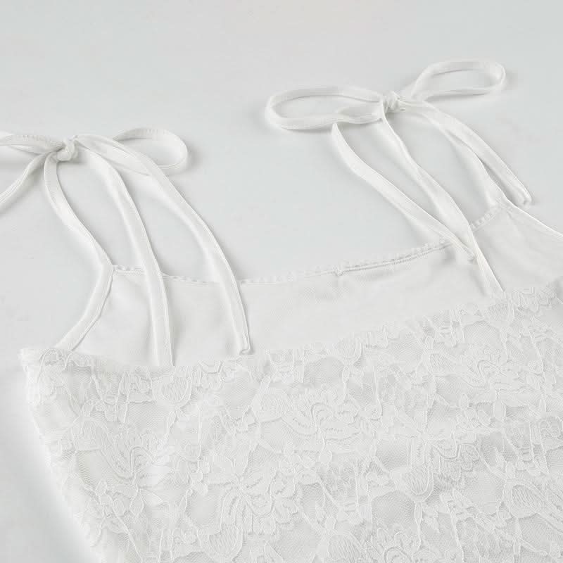 Lace u neck flower applique self tie cami mini dress