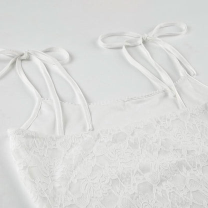 Lace u neck flower applique self tie cami mini dress