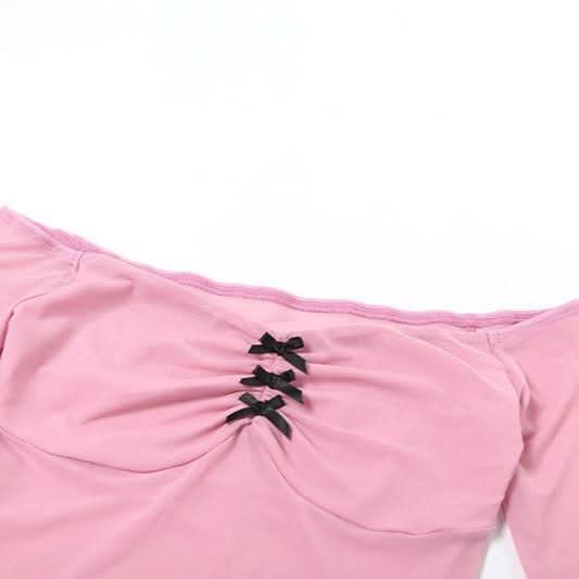 Bowknot long flared sleeve off shoulder mesh ruched top