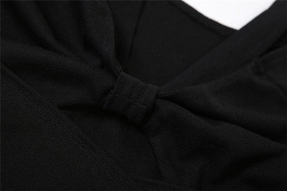 Long sleeve self tie bowknot hollow out solid crop cut out top