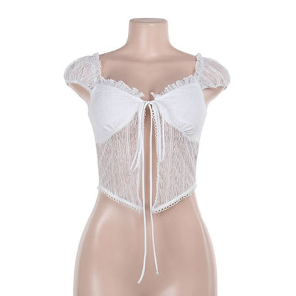 Ruffle v neck lace cap sleeve self tie crop top