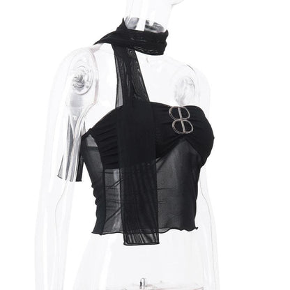 Sheer mesh backless buckle ruffle solid tube crop top
