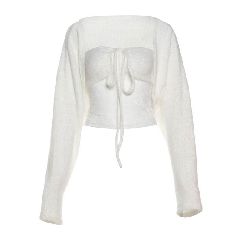 Long sleeve fluffy lace solid 2 piece coat top