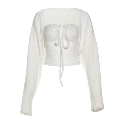 Long sleeve fluffy lace solid 2 piece coat top