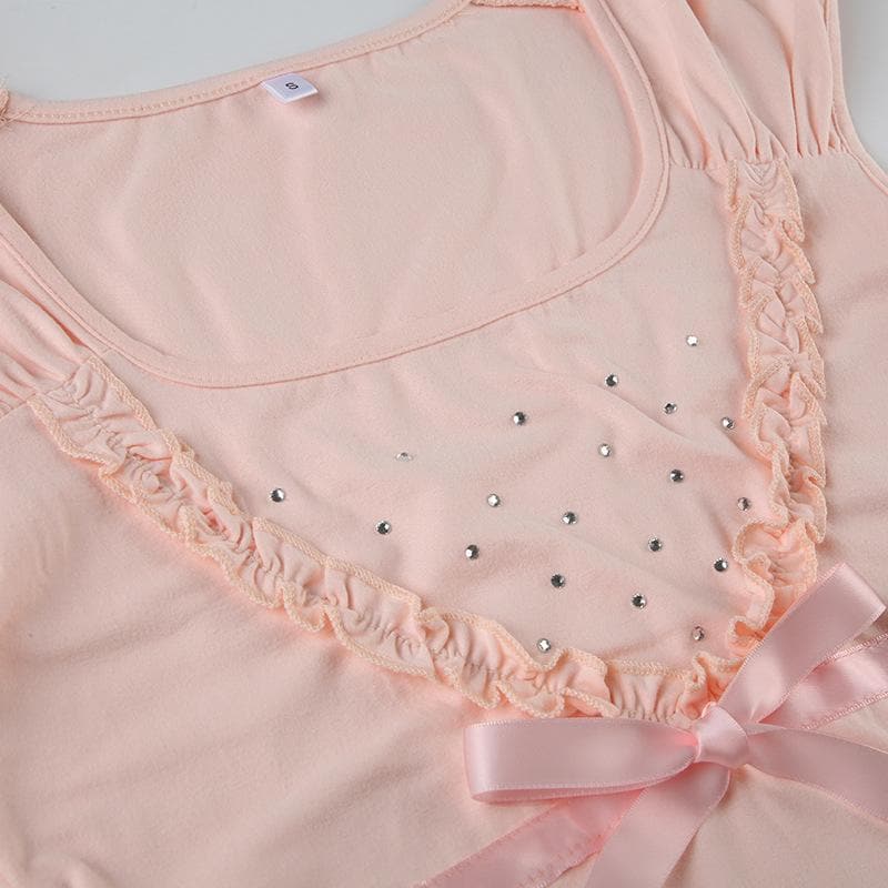 Bowknot beaded ruched u neck ruffle top