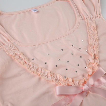 Bowknot beaded ruched u neck ruffle top