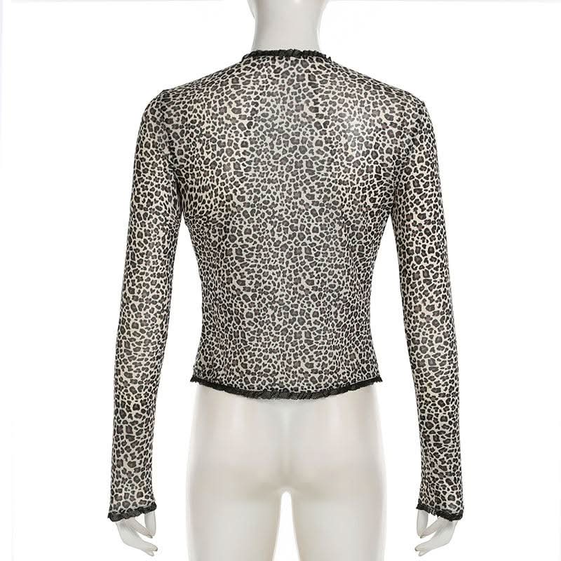Leopard print long sleeve mesh crop top