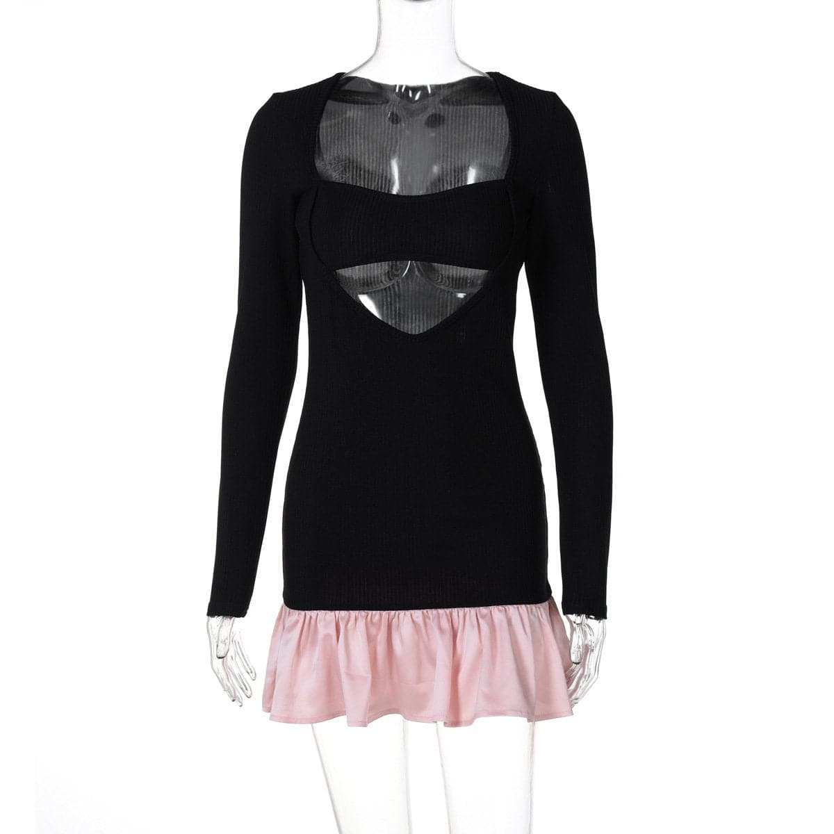 Long sleeve ribbed hollow out cut out mini dress