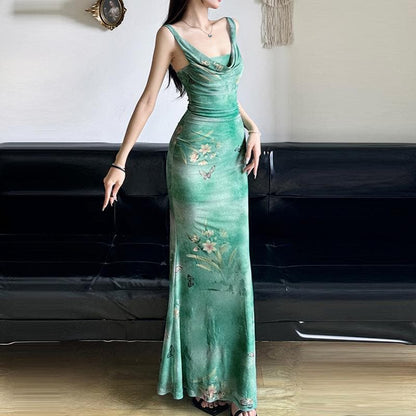 Cowl neck mesh butterfly print ruched cami maxi dress