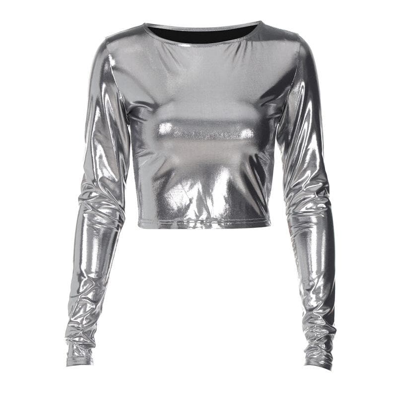Long sleeve crewneck metallic solid crop top