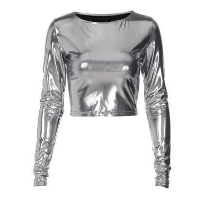 Long sleeve crewneck metallic solid crop top