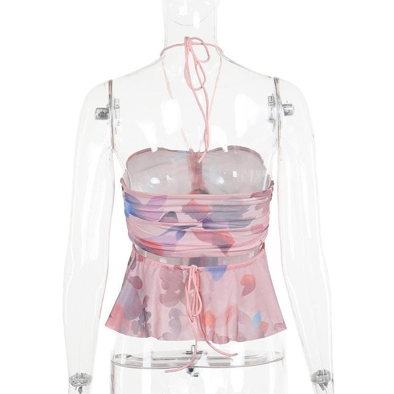 Halter drawstring ruched mesh print top