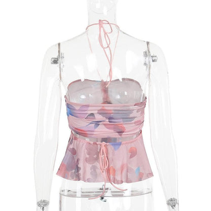 Halter drawstring ruched mesh print top