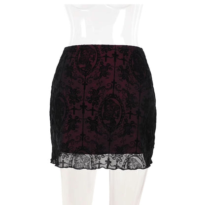 Print mesh bowknot ruffle mini skirt