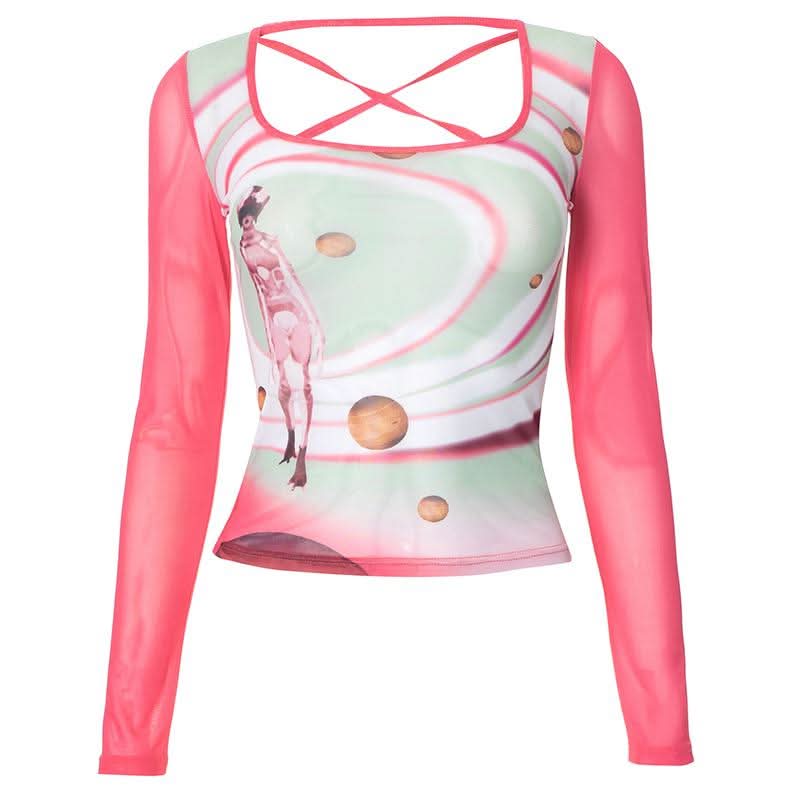 Square neck long sleeve cross back self tie print top