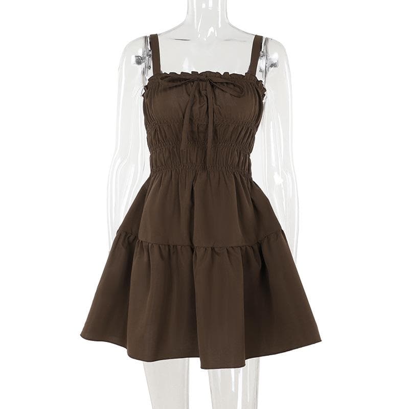 Smocked ruched bowknot ruffle cami mini dress