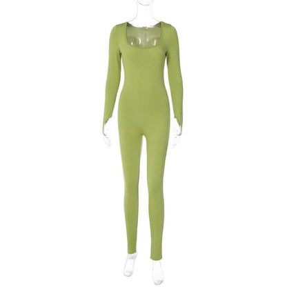 Long sleeve solid u neck slit jumpsuit- Final Sale-final-sale