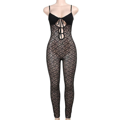V neck hollow out solid lace cami jumpsuit