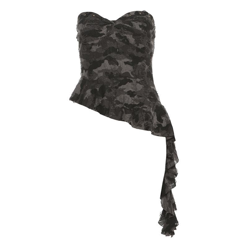 Irregular ruffled sweetheart neck camouflage backless tube top