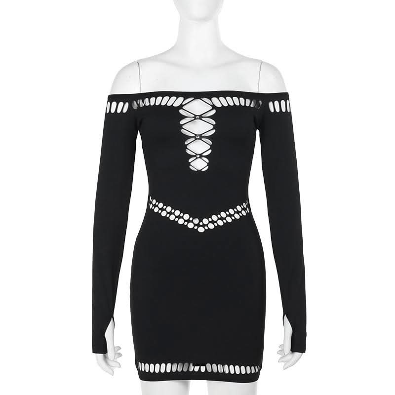 Off shoulder long sleeve hollow out beaded cut out mini dress