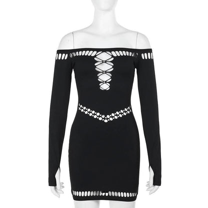 Off shoulder long sleeve hollow out beaded cut out mini dress
