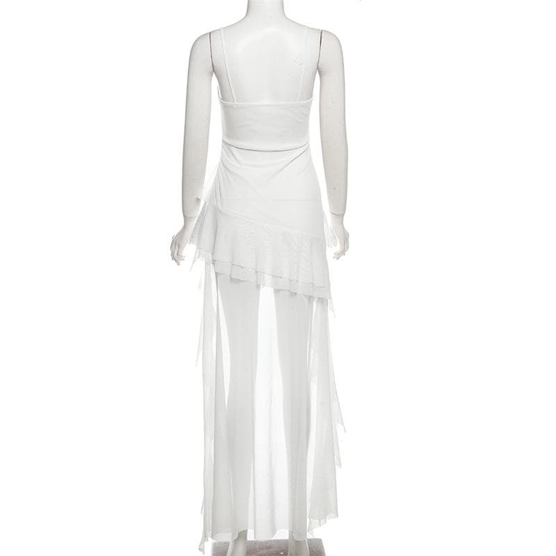 Ruched mesh ruffle sweetheart neck cami maxi dress