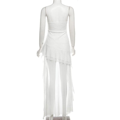 Ruched mesh ruffle sweetheart neck cami maxi dress