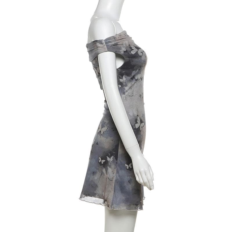 Off shoulder butterfly print ruched mini dress