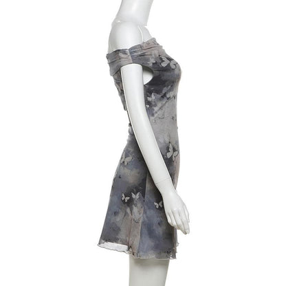 Off shoulder butterfly print ruched mini dress