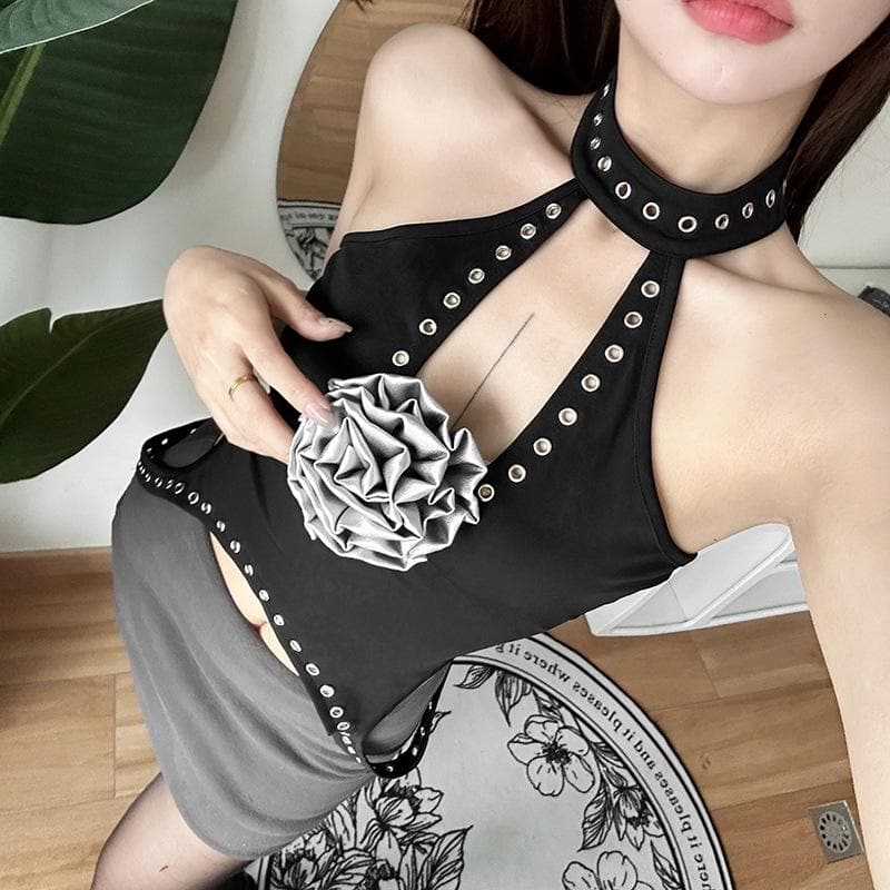 Halter flower applique solid hollow out cut out top