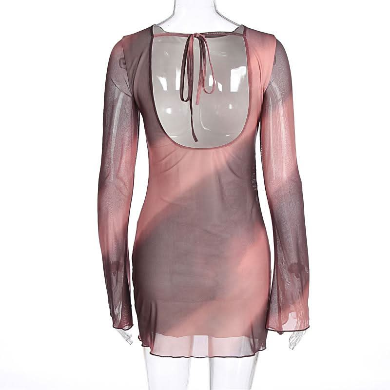 Long sleeve self tie crewneck sheer mesh print mini dress