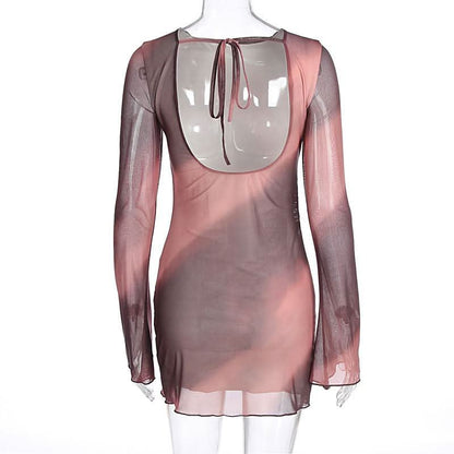 Long sleeve self tie crewneck sheer mesh print mini dress