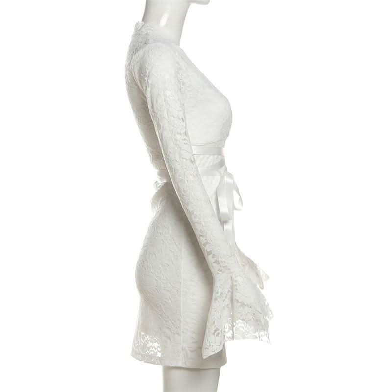 Long flared sleeve v neck lace self tie mini dress