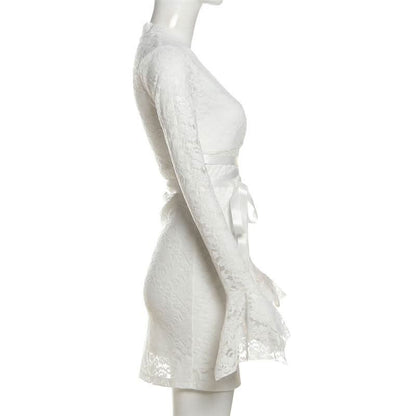 Long flared sleeve v neck lace self tie mini dress