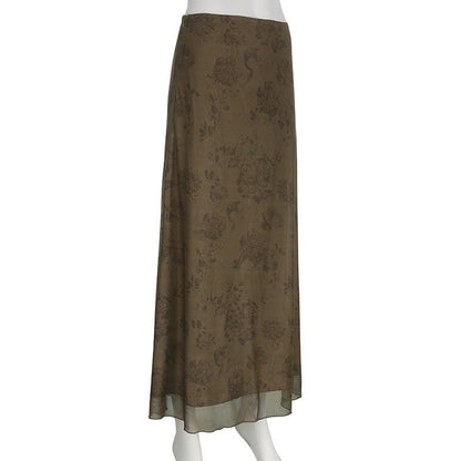 Mesh flower pattern zip-up ruffle midi skirt