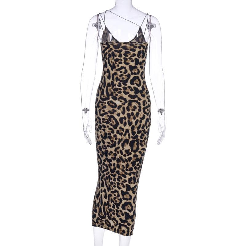 Leopard print contrast spaghetti strap u neck backless midi dress