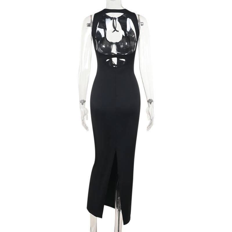 Self tie hollow out crewneck slit solid cut out midi dress