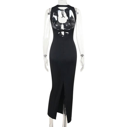 Self tie hollow out crewneck slit solid cut out midi dress