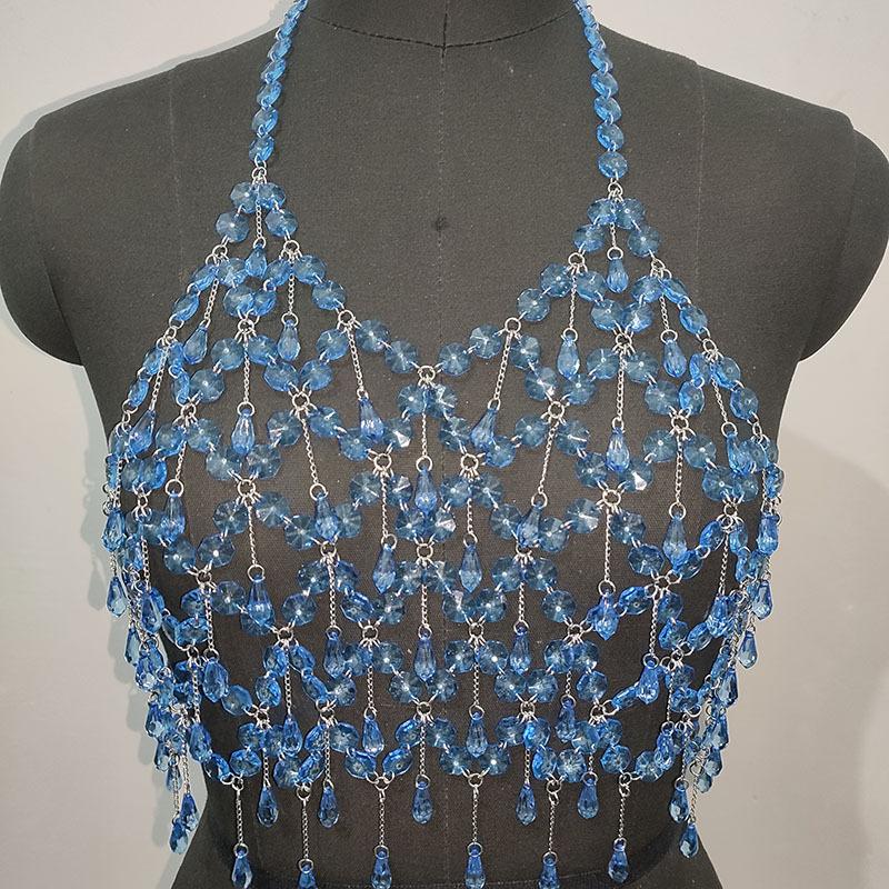 Metal chain plastic crystal halter backless crop top