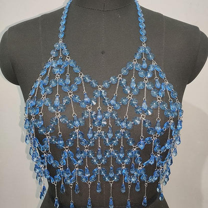 Metal chain plastic crystal halter backless crop top